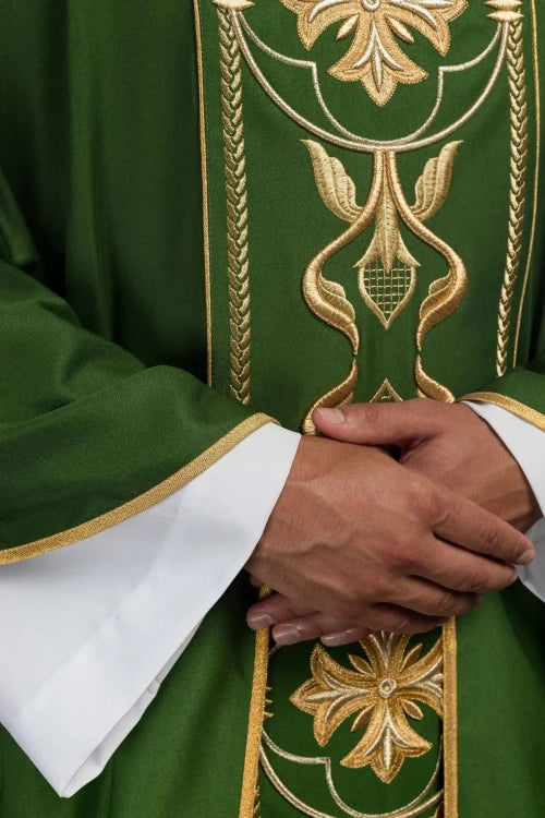 Green Chasuble with embroidered decorative band — close-up detail