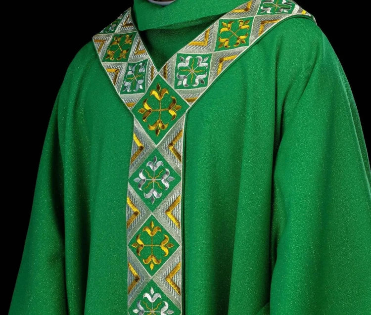 Green Chasuble with embroidered decorative band — side view