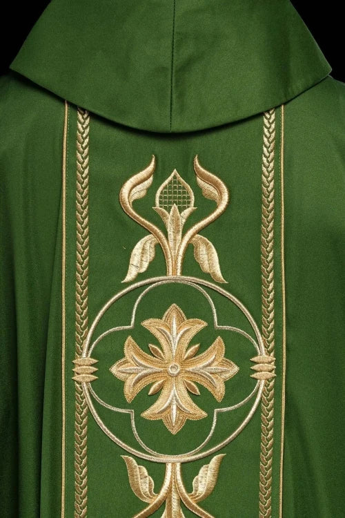 Green Chasuble with embroidered decorative band — side view