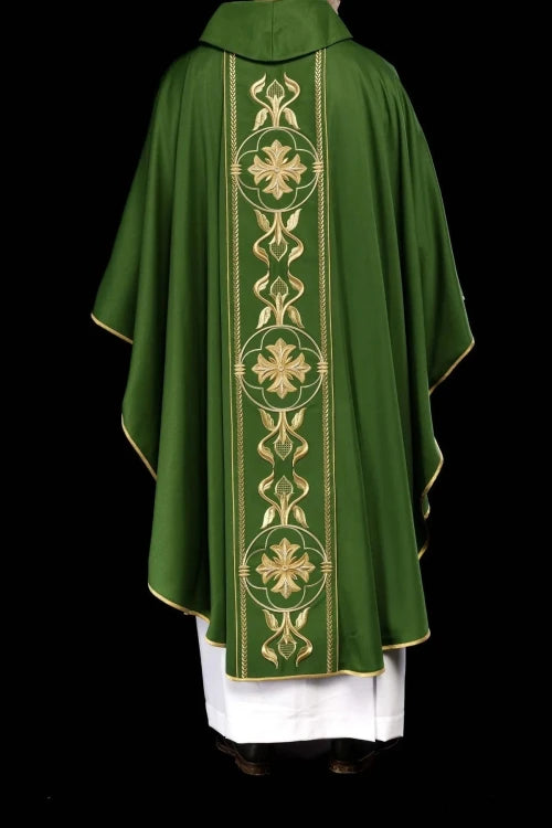 Green Chasuble with embroidered decorative band — collar detail
