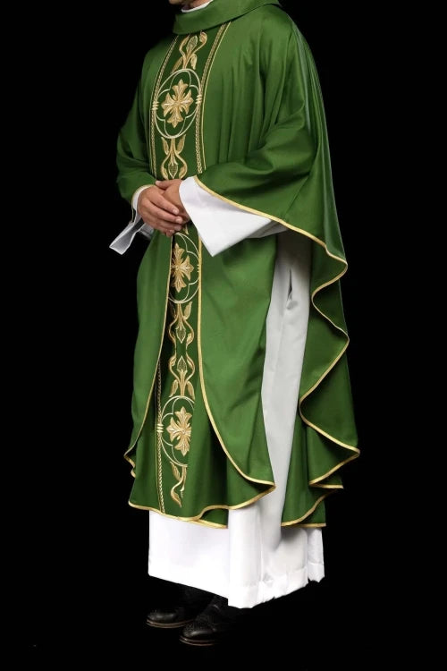 Green Chasuble with embroidered decorative band — fabric detail
