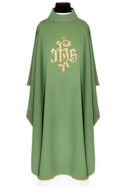 Green Chasuble with embroidered IHS monogram — front view