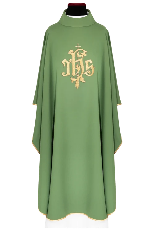 Green Chasuble with embroidered IHS monogram — front view