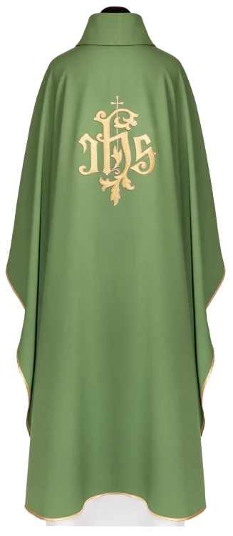 Green Chasuble with embroidered IHS monogram — full view