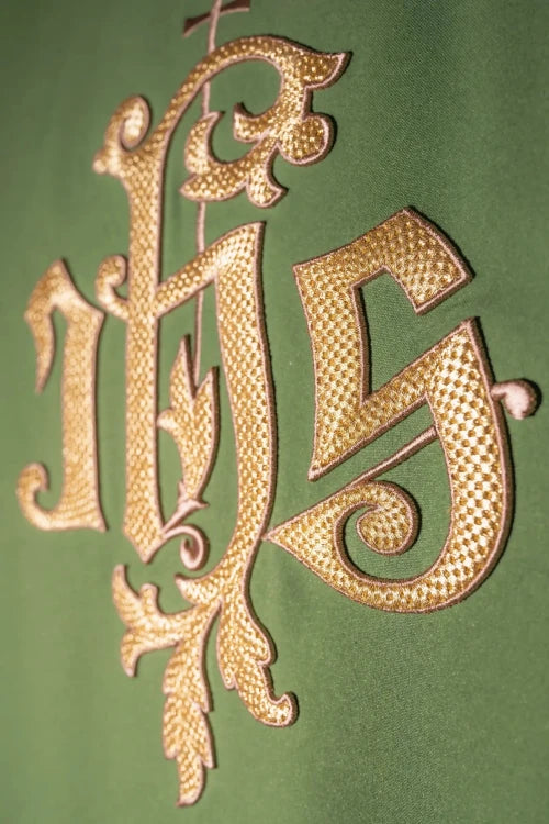 Green Chasuble with embroidered IHS monogram — decoration detail