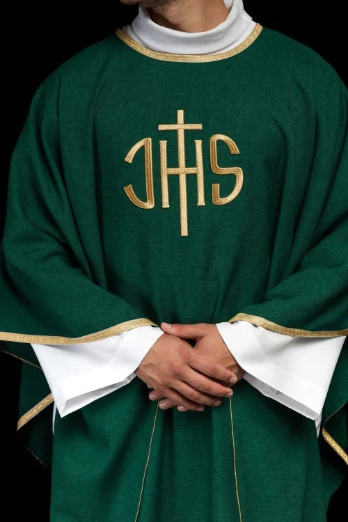 Green Chasuble with embroidered IHS monogram – Variant II — front view