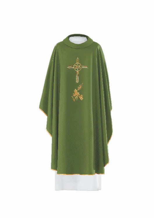 Green Chasuble with embroidered IHS monogram – Variant III — front view