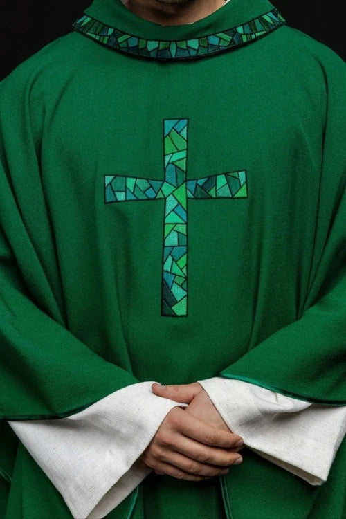 Green Chasuble with embroidered mosaic cross — front view