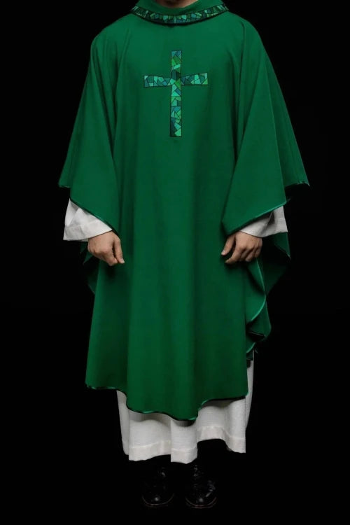 Green Chasuble with embroidered mosaic cross — full view