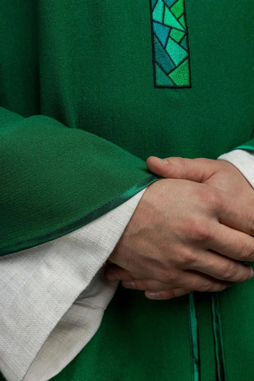 Green Chasuble with embroidered mosaic cross — close-up detail
