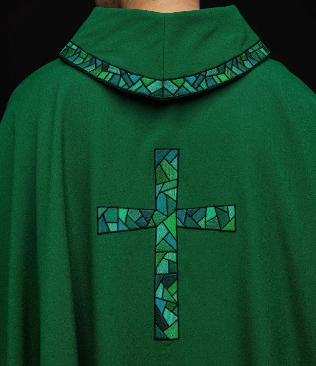Green Chasuble with embroidered mosaic cross — collar detail