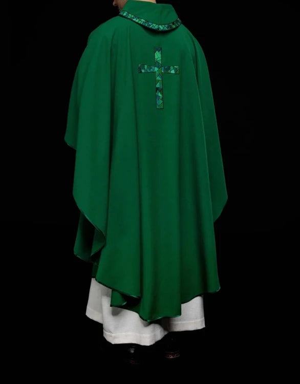 Green Chasuble with embroidered mosaic cross — fabric detail