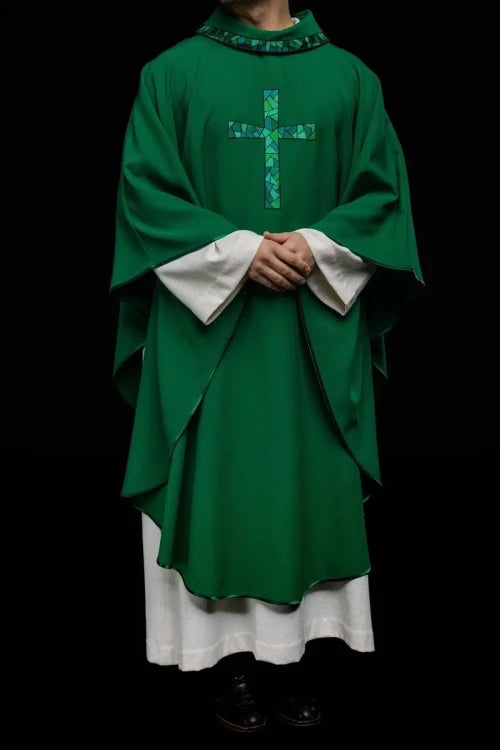 Green Chasuble with embroidered mosaic cross — vestment detail