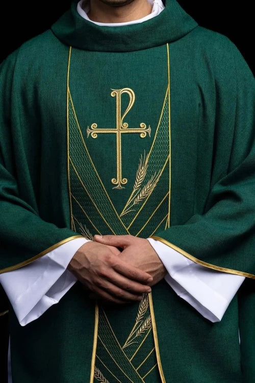 Green Chasuble with embroidered PAX band — front view