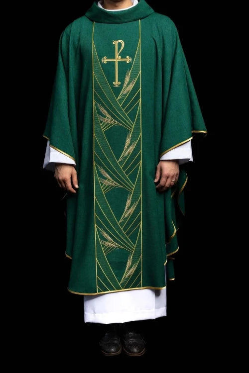 Green Chasuble with embroidered PAX band — full view