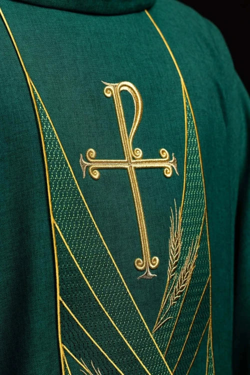 Green Chasuble with embroidered PAX band — decoration detail
