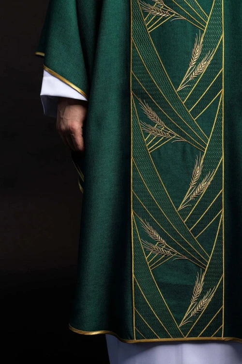 Green Chasuble with embroidered PAX band — back view