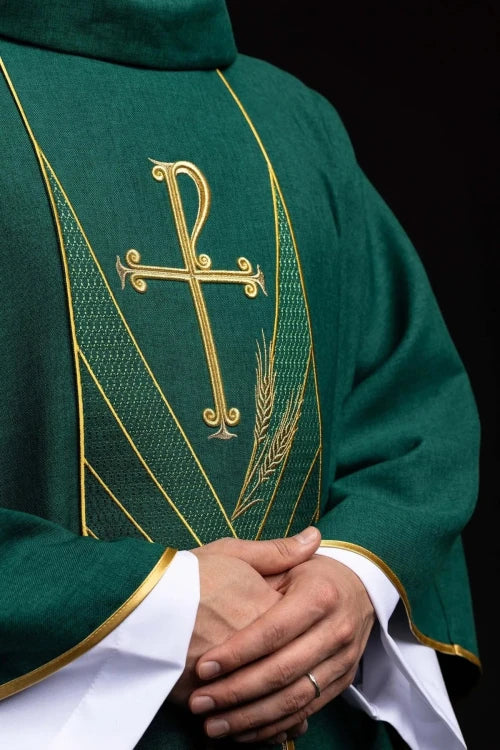 Green Chasuble with embroidered PAX band — close-up detail