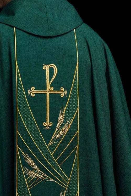 Green Chasuble with embroidered PAX band — collar detail