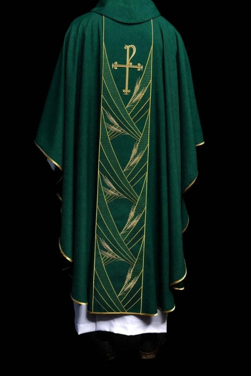 Green Chasuble with embroidered PAX band — fabric detail