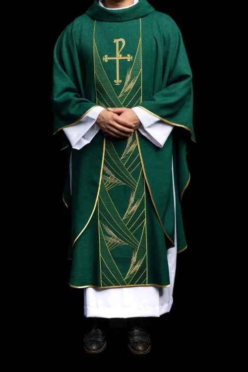 Green Chasuble with embroidered PAX band — vestment detail