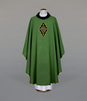 Green Chasuble with embroidery and velvet appliqués — front view