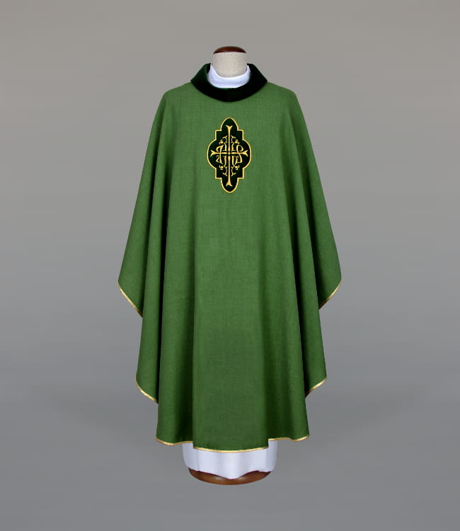 Green Chasuble with embroidery and velvet appliqués — front view