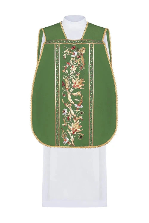 Green Chasuble with Eucharistic chalice embroidery in Roman style — front view