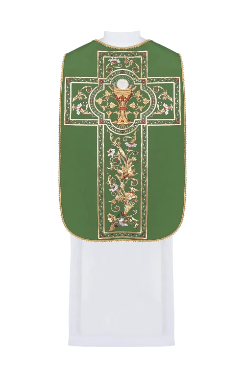 Green Chasuble with Eucharistic chalice embroidery in Roman style — full view