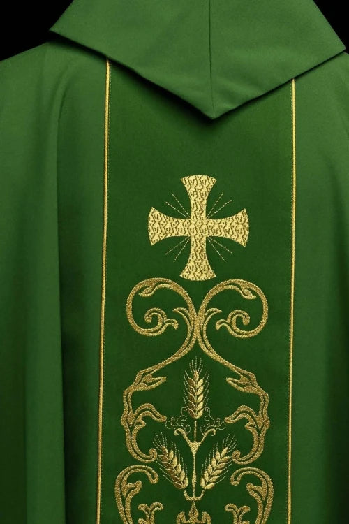 Green Chasuble with Eucharistic decorative band — collar detail