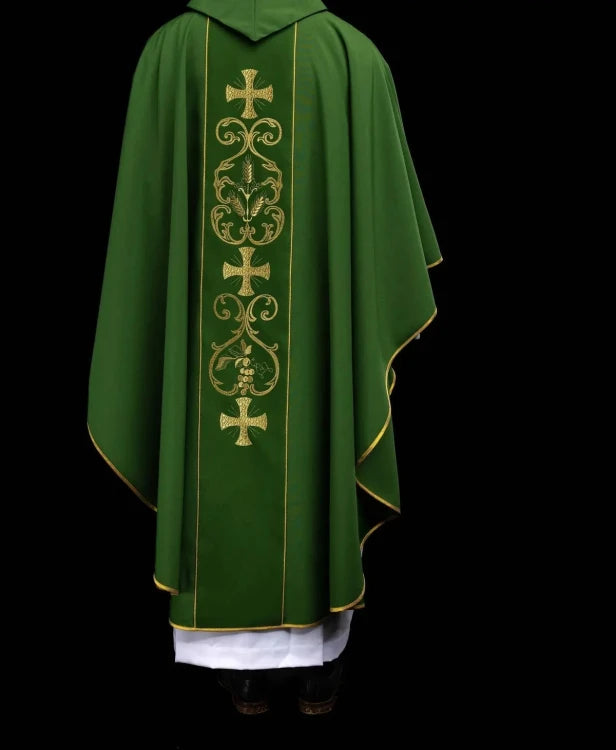 Green Chasuble with Eucharistic decorative band — fabric detail