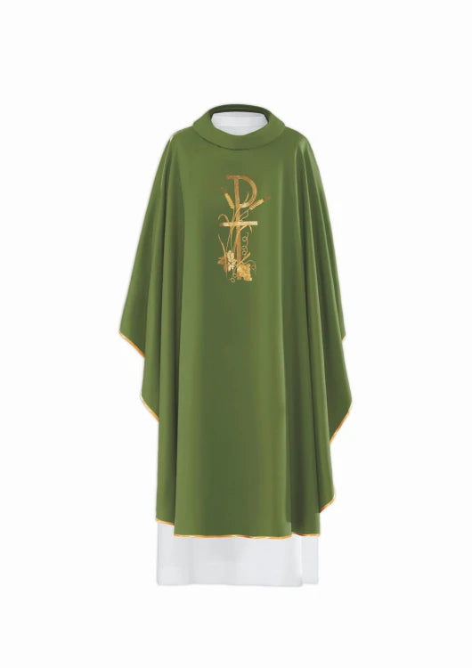 Green Chasuble with gold-coloured cross embroidery — front view