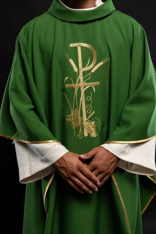 Green Chasuble with gold-coloured cross embroidery — side view