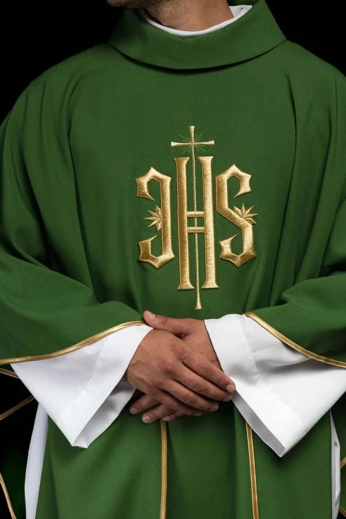 Green Chasuble with gold-coloured IHS embroidery — front view