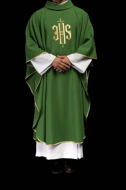 Green Chasuble with gold-coloured IHS embroidery — full view