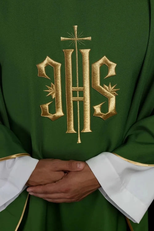 Green Chasuble with gold-coloured IHS embroidery — decoration detail