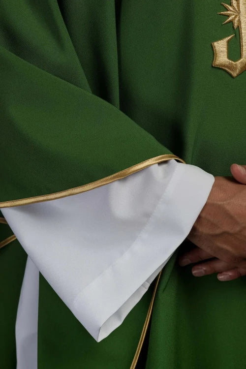 Green Chasuble with gold-coloured IHS embroidery — back view