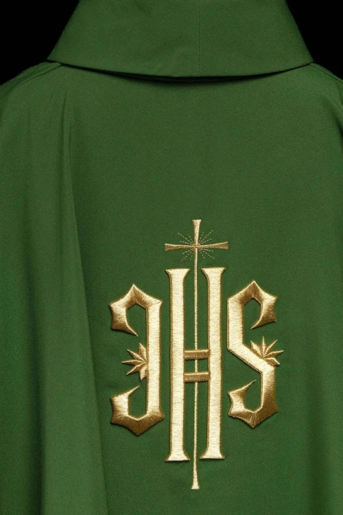 Green Chasuble with gold-coloured IHS embroidery — side view