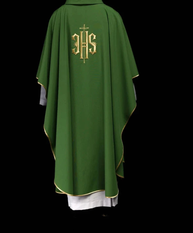 Green Chasuble with gold-coloured IHS embroidery — collar detail