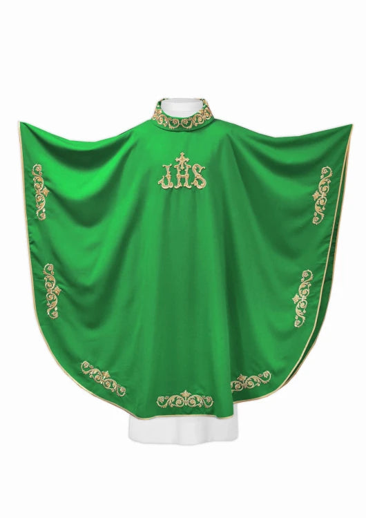 Green Chasuble with gold-coloured IHS embroidery and decorative finish — front view