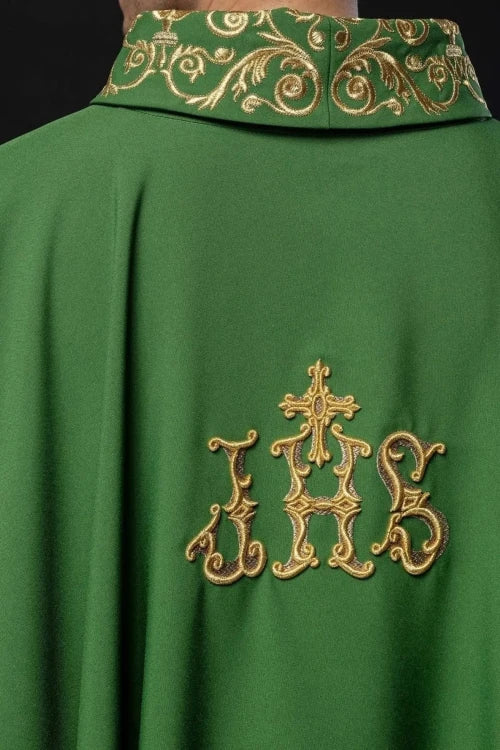 Green Chasuble with gold-coloured IHS embroidery and decorative finish — fabric detail