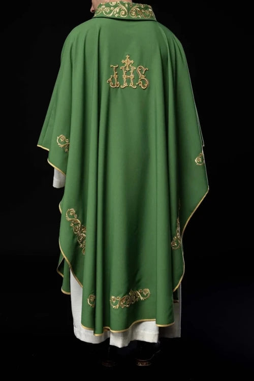 Green Chasuble with gold-coloured IHS embroidery and decorative finish — vestment detail