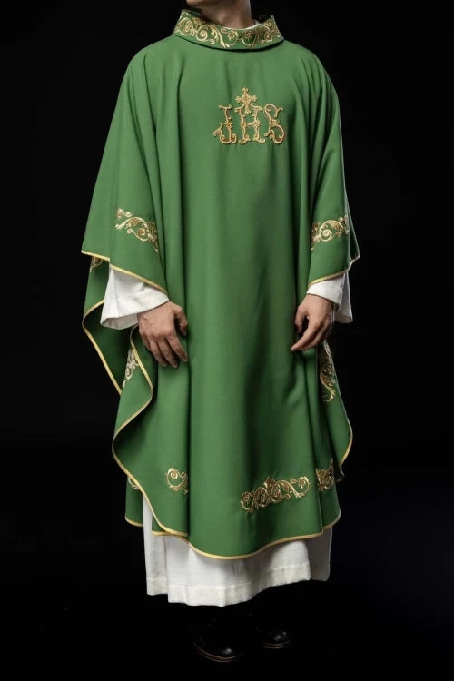 Green Chasuble with gold-coloured IHS embroidery and decorative finish — additional view