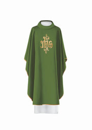 Green Chasuble with gold-coloured IHS embroidery – Variant II — front view