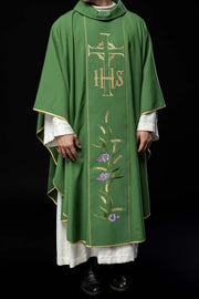 Green Chasuble with gold panel with IHS and wheat embroidery — front view