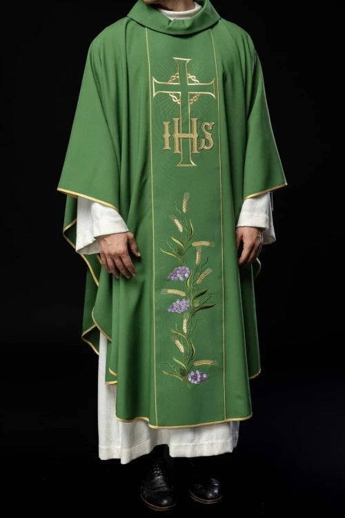 Green Chasuble with gold panel with IHS and wheat embroidery — front view