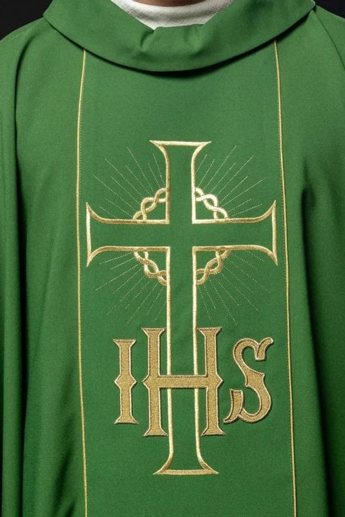 Green Chasuble with gold panel with IHS and wheat embroidery — full view