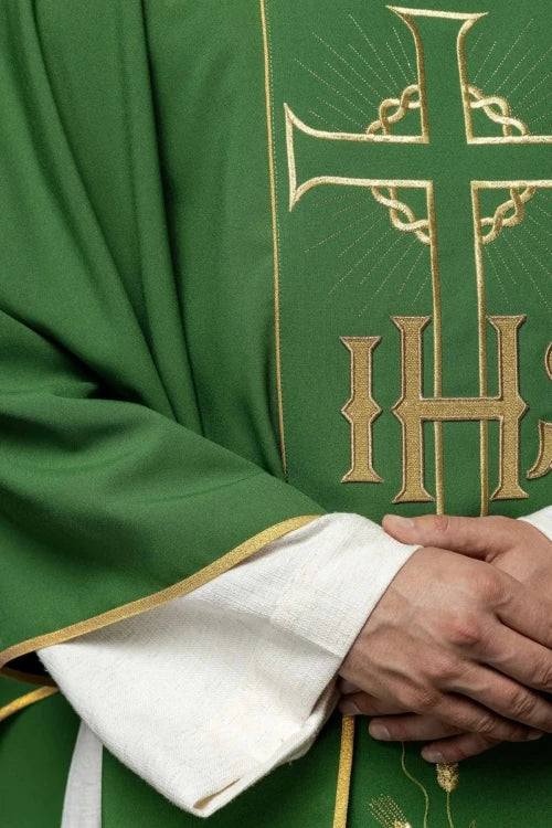 Green Chasuble with gold panel with IHS and wheat embroidery — back view