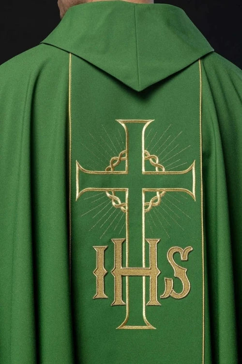 Green Chasuble with gold panel with IHS and wheat embroidery — close-up detail