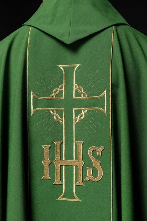 Green Chasuble with gold panel with IHS and wheat embroidery — side view